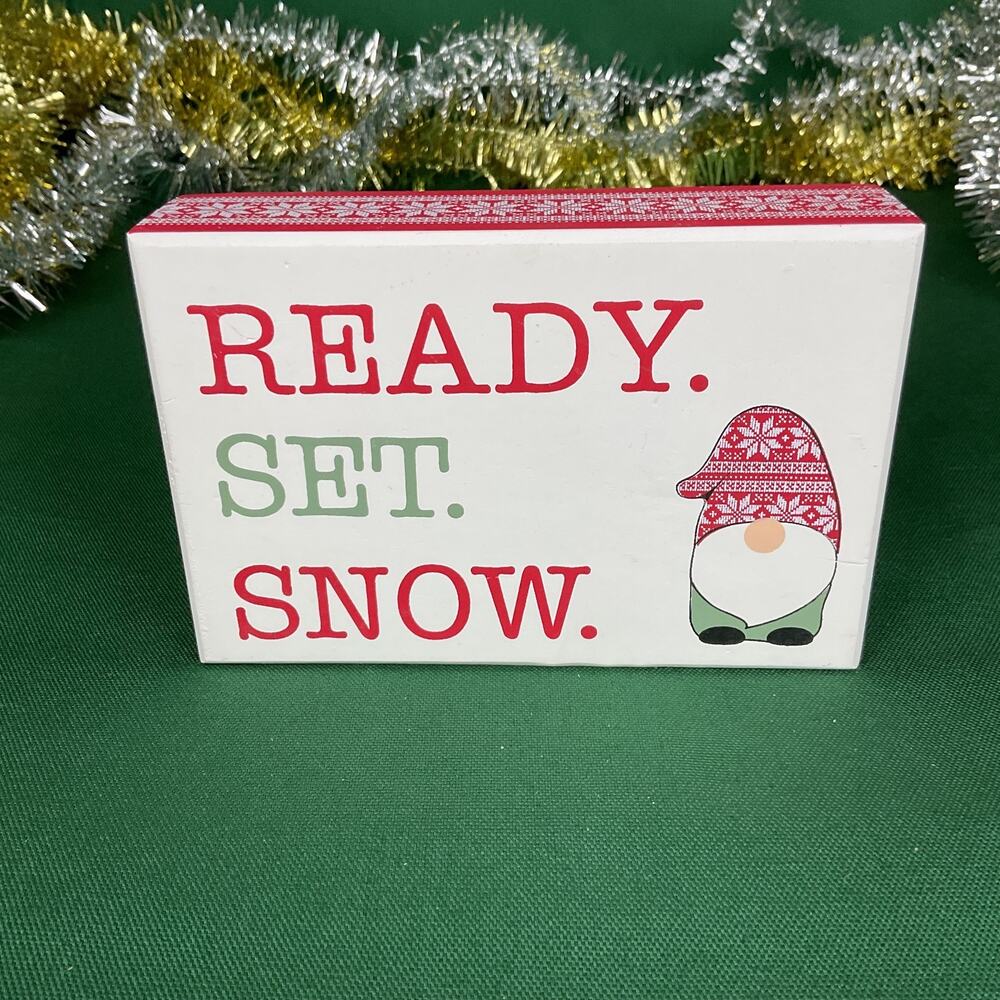 "Ready. Set. Snow." Christmas Gnome Wood Block Sign - Winter Shelf Sitter Decor